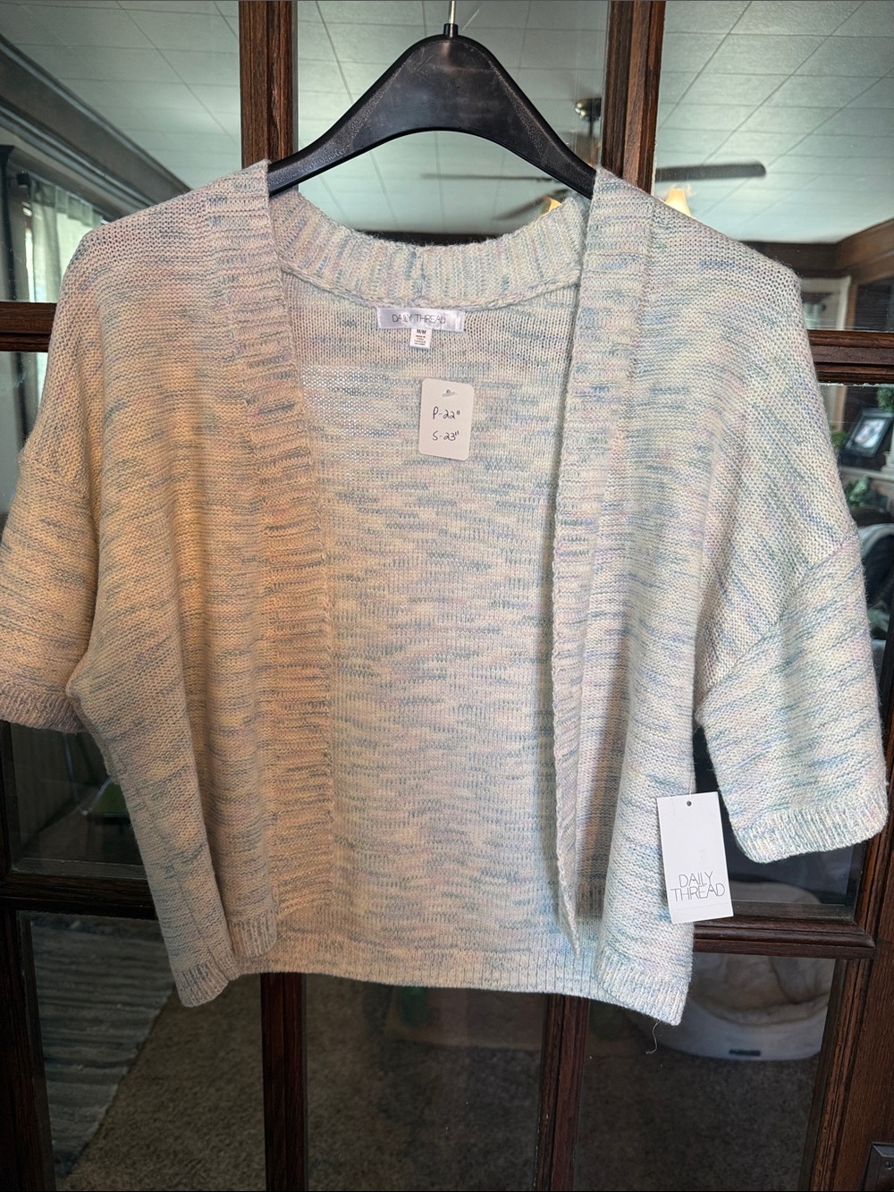 Daily Thread Women Space Dye Metallic Open Front Short Sleeve Cardigan Med NEW